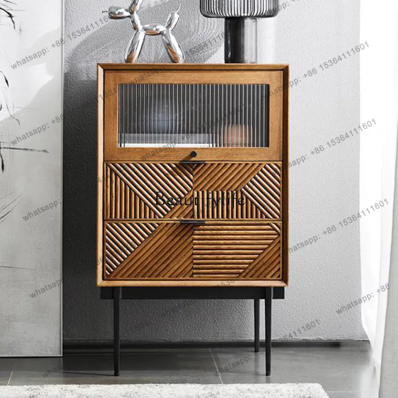 56Nordic solid wood carving geometric lines double drawer storage three bucket cabinet upturn door bedside table