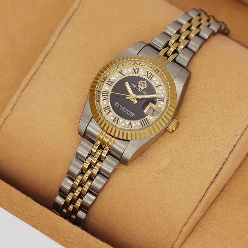 

Роскошные двухцветные женские часы PROKING с черным циферблатом, инкрустированным бриллиантами, с дисплеем даты, водонепроницаемые кварцевые наручные часы для женщин 4001KD