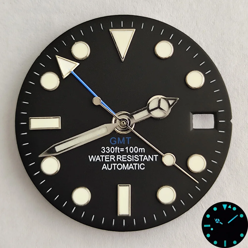 GMT 28.5mm dial NH34 dial/pointer matching NH34 movement GMT pointer blue-green luminous dot