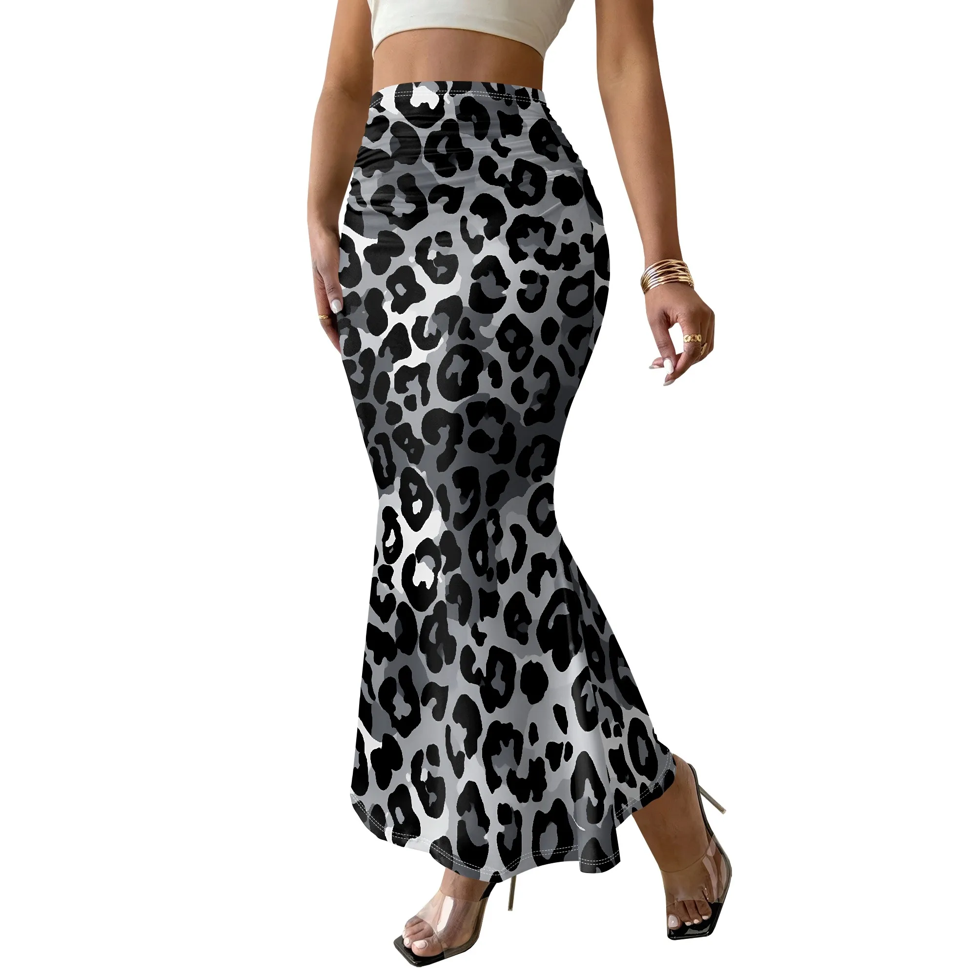 Black Leopard Print Maxi Skirt, High Waist Mermaid Skirt, Elastic Bodycon Long Skirt, Women's Party Clubwear, S-3XL
