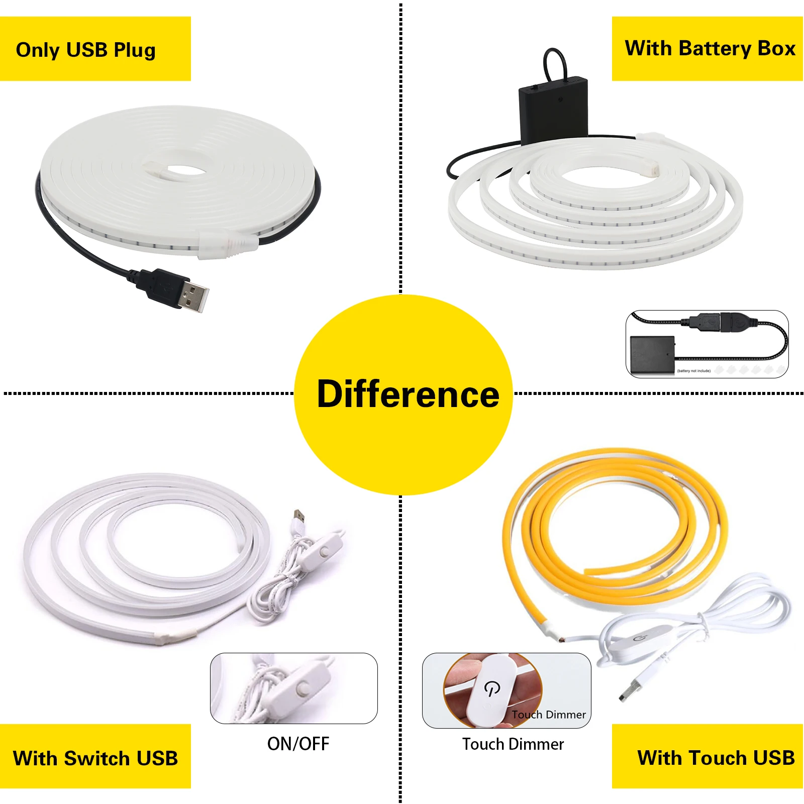 5V USB Neon LED Strip Light with Touch/Switch/Battery Box 2835 120LEDs/m Waterproof Flexible Neon Tape 8 Colors For Room Decor