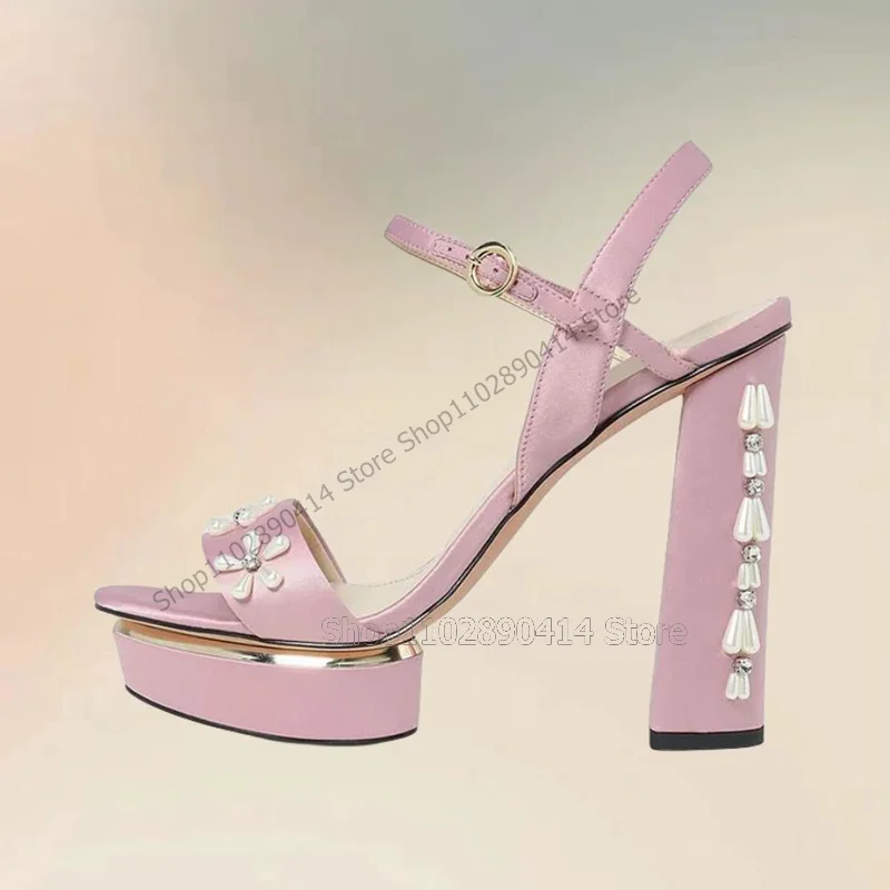 Pearl Flower Decor Pink Open Toe Platform Sandals Ankle Buckle Strap Women Shoes Chunky High Heels New 2023 Zapatos Para Mujere