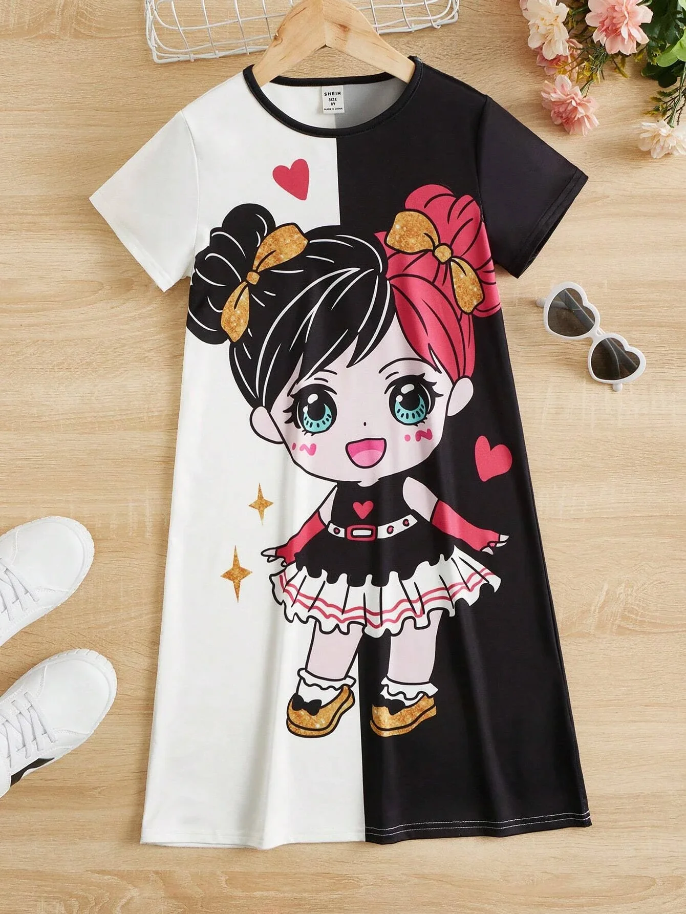 Summer 4-14 year old girl's fashionable and novel printed short sleeved dress casual comfortable and breathable party dress