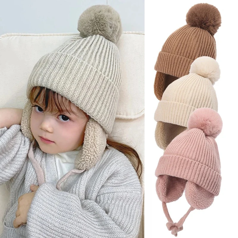 

Winter Baby Knitted Hat Skiing Infant Bonnet Plush Lining Kids Beanie Protect Ears Children Cap for Boys Girls Accessories 2-6Y