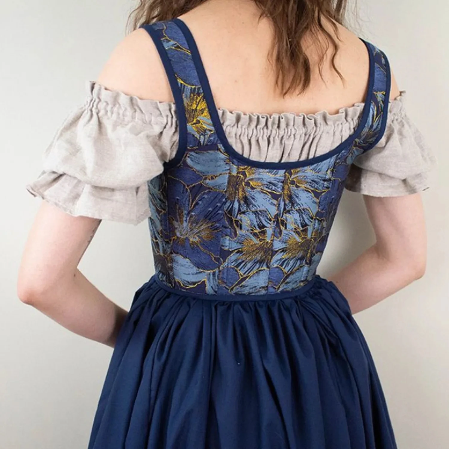 Women Tight Abdomen Corset French Vintage Bustiers Palace Tank Tops Lace Up Bones Push Up Bodices Blue With Gold Floral Lines