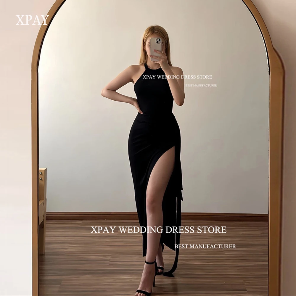 

XPAY Simple Halter Velvet Black Evening Party Dresses Side Split Ankle Length Prom Gowns Night Event Women Dress Robe de soiree