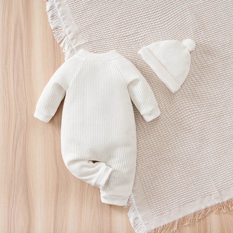 Spring and Autumn Knitted Newborn 2PCS Baby Onesie+Hats Minimalist Round Neck Button Comfortable Casual Raglan sleeve design