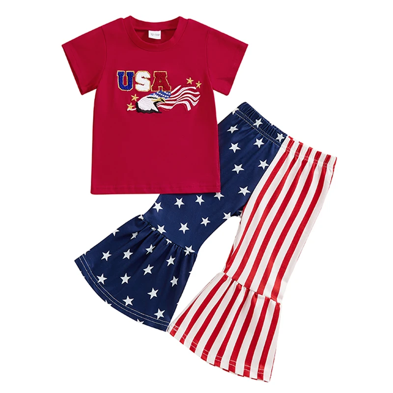 Baby Girl 4th of July Outfits Short Sleeve Eagle Embroidery T-Shirt Flare Pants Set Toddler Clothes