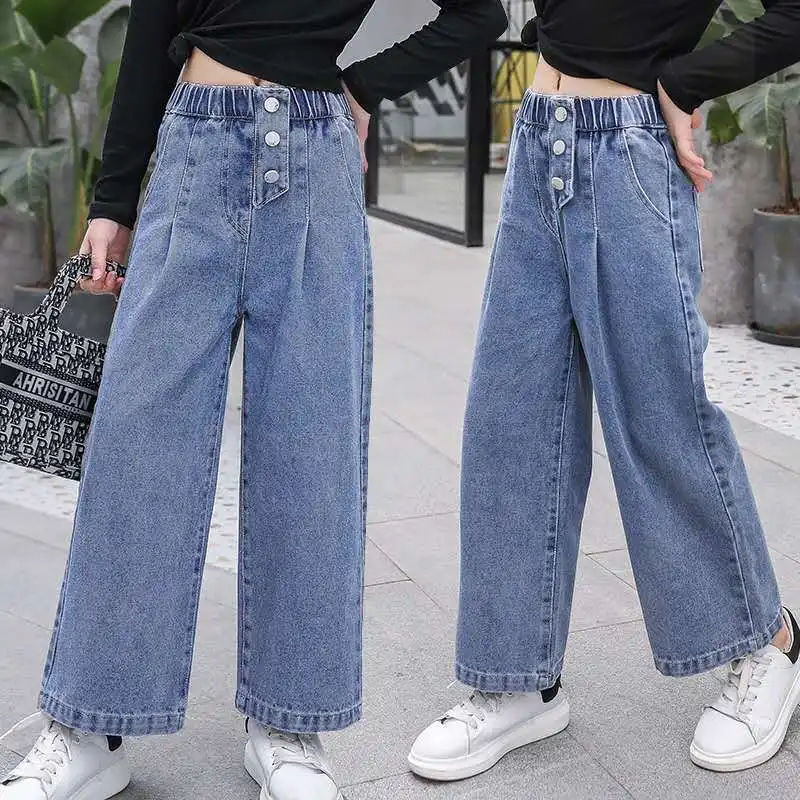 Spring Autumn Teenage Girls Denim Wide Leg Pants Children Trousers New Fashion Girls Jeans 5 6 8 10 12 13 14 Years Kids Clothes