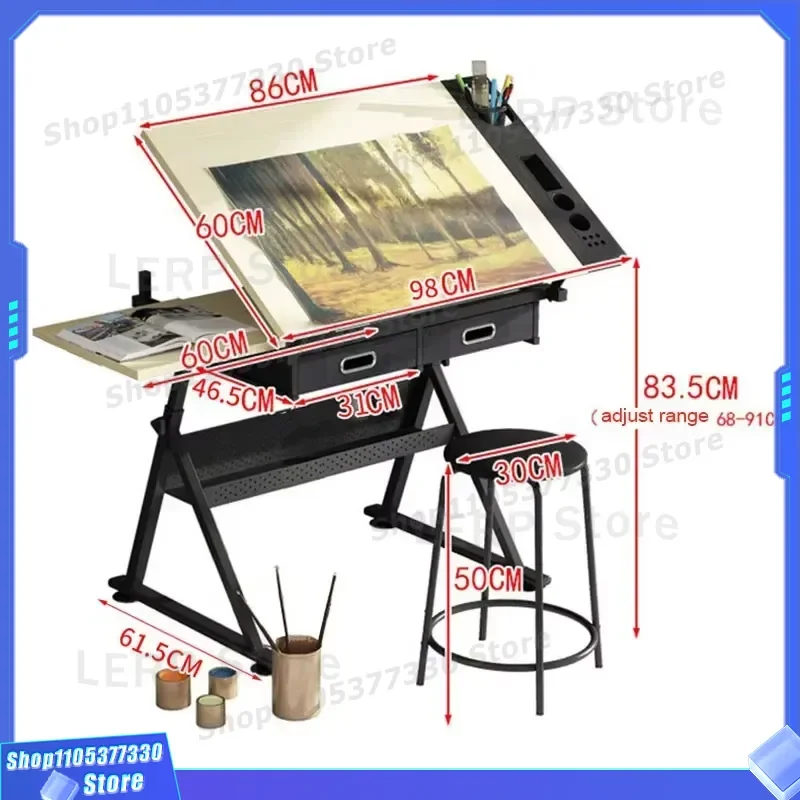 Adjustable Tilt Drawing Table with 2 Storage Drawers Desktop Art Craft Workstation for Painting Sketching Professional Artist