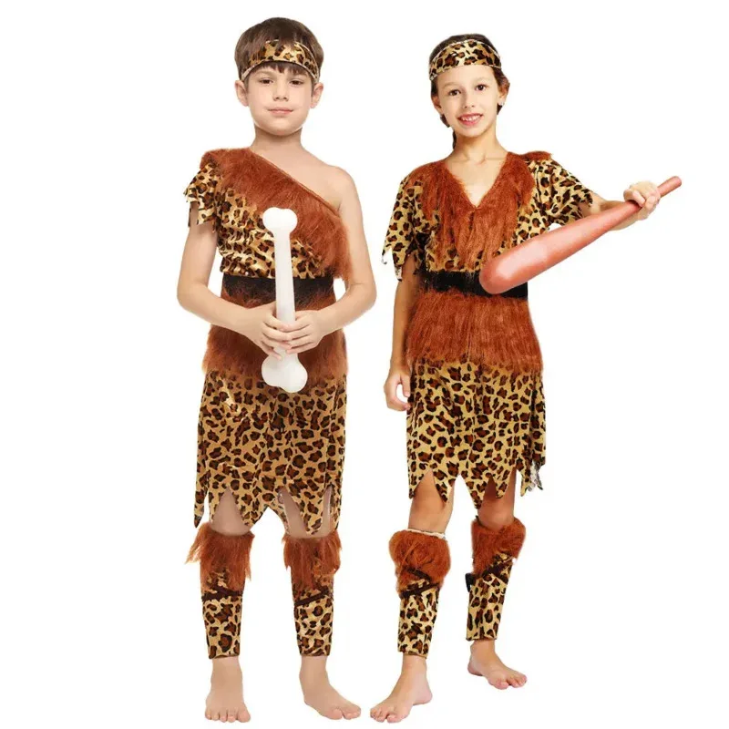 

Kids Child Caveman Cavewoman Costume Primitive Cosplay for Boys Girls Purim Halloween Costumes