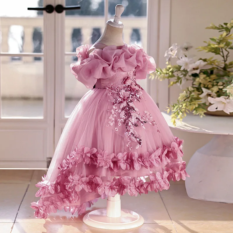 Children's Dress High-End Tail Wedding Dress Princess Dress Flower Girl Piano Performance Dress Girl's Puffy Dress