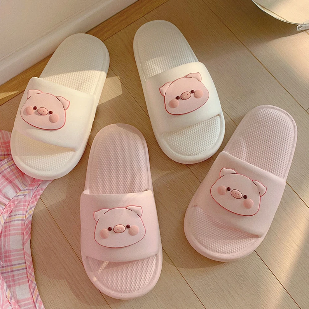 Cute Blushing Piggy Design Soft Sole Women Slippers Slides Bathroom Beach Indoor Sandals Summer Couple Shoes