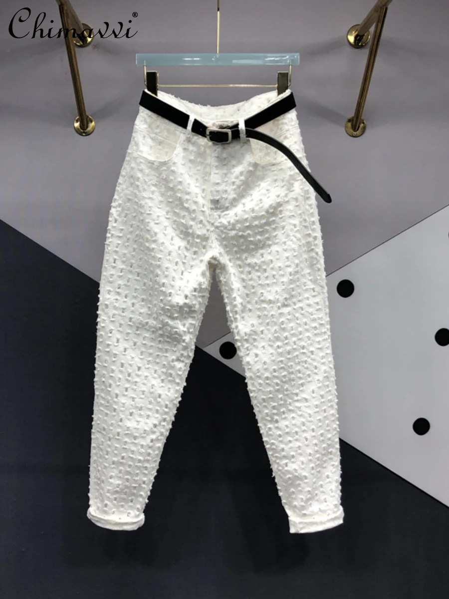 

Women 2022 Spring Fall Fashion Hollow-out White Jeans Ladies European Casual Versatile High Waist Slimming Tappered Harem Pants