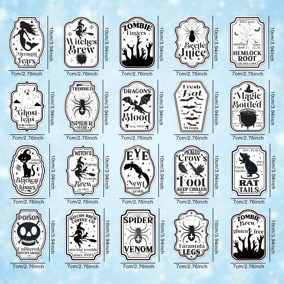 20pcs Halloween Black White Bottle Labels Stickers,Apothecary Potion Labels,Halloween Party Drinks,Haunted House Props Home Bars