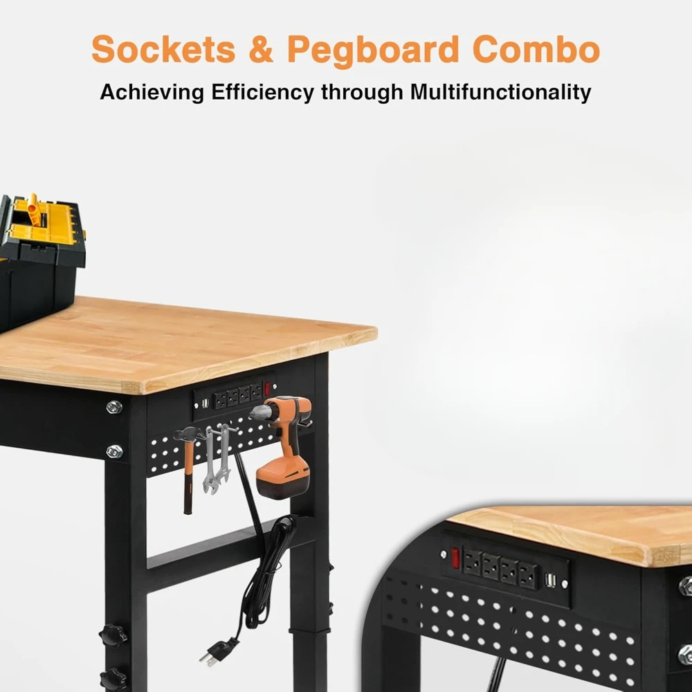 70" Adjustable Height Workbench, 2000 LBS Heavy Duty Work Table with Power Outlets & Pegboard, Rubber Wood Workstation