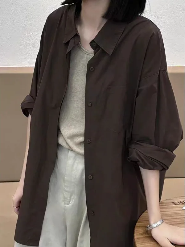 Retro Coffee Long Sleeve Shirt Women's High-End Feeling Personality Autumn Korean Style Casual Lazy Top Coat Shape