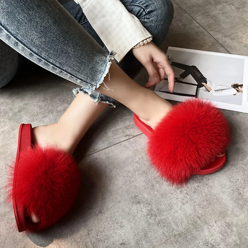 Real Fur Slippers Fluffy Flat Slides Fur Fluffy Sandals Girls Beach Home Plush Slides Furry Flip Flops Women Bedroom Warm Shoes