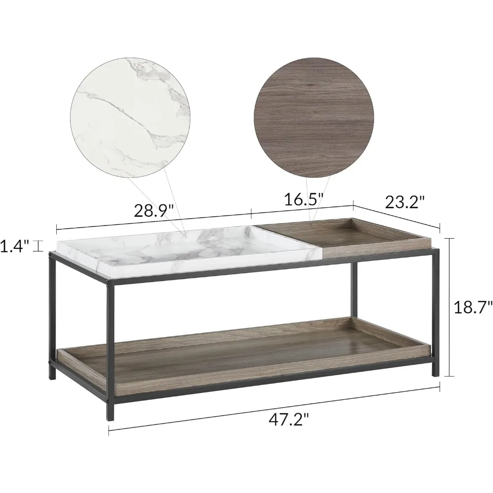 Mesa de centro divertida conversível - Mesa de centro de mármore falso com 2 bandejas removíveis, 47 mesas de sala de estar, aba de centro moderna