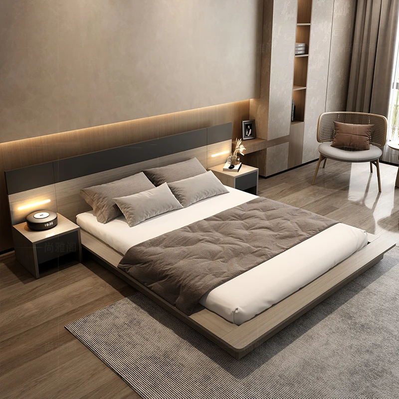 

!@Modern Nordic Bedroom Sets king Queen Size Wooden Fabric Bed with Soft Headboard Ottoman Storage Bed