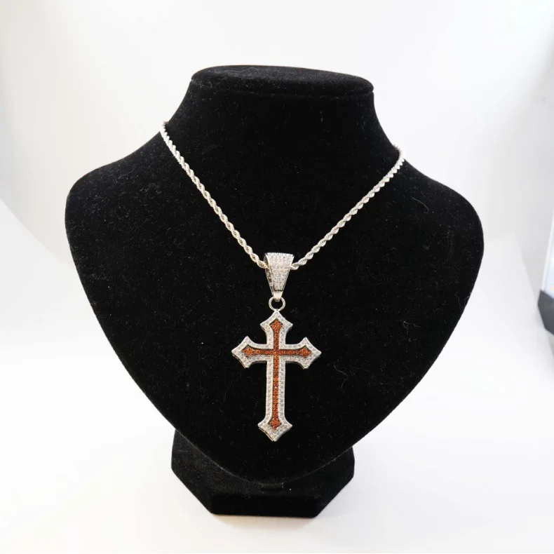 Iced Out Cross Pendant Necklace Orange Red Accent Pave CZ Two‑Tone Cross Rope Chain Hip‑Hop Men Religious Fashion Jewelry Gift