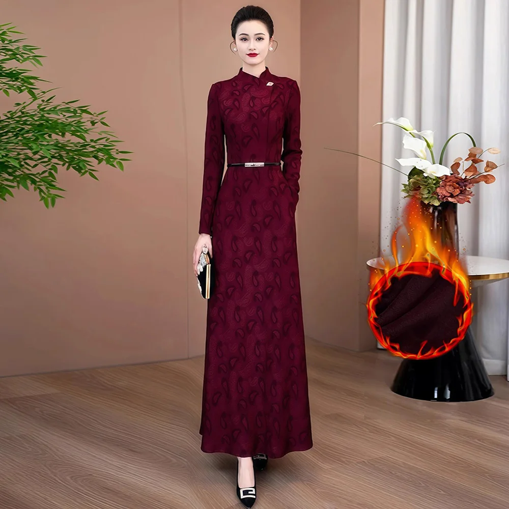 

New Women Velvet Liner Long Dress Autumn Winter Fashion Stand Collar Slim Waist A-Line Jacquard Dress Elegant High Waist Dress