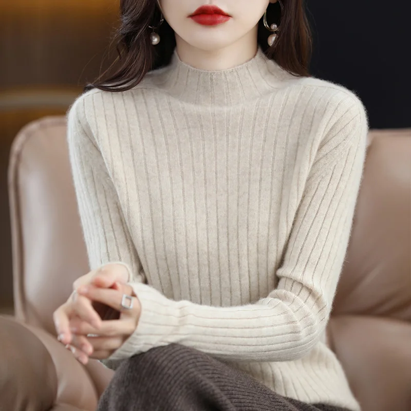 Autumn Winter Pullover Saddle Shoulder Mock Neck Slim Cashmere Wool Blend Women's Thick Thin Sweater Pullover