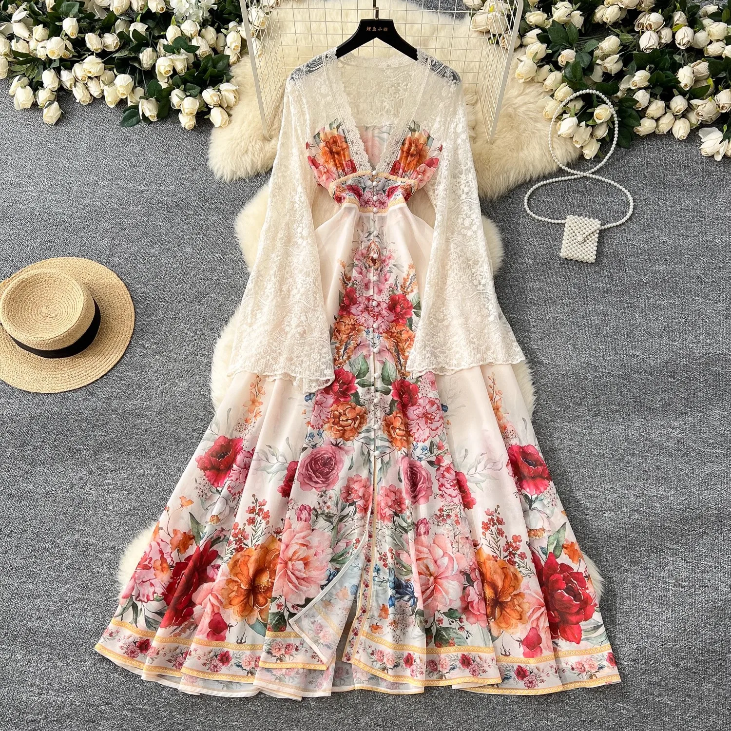 Summer Holiday Lace Patchwork Chiffon Pleated Dress Women's V-Neck Flare Sleeve Flower Print High Elastic Waist Runway Vestidos