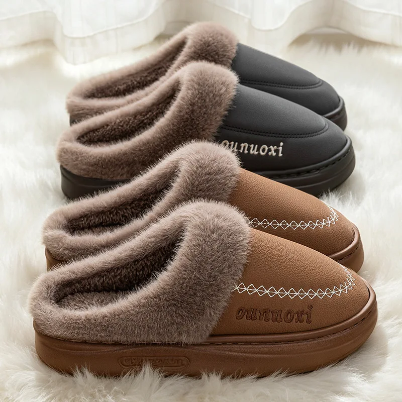 Autumn Winter Waterproof Women Slippers Thickened Fleece Warm Non‑Slip Home Outdoor Slippers for Men