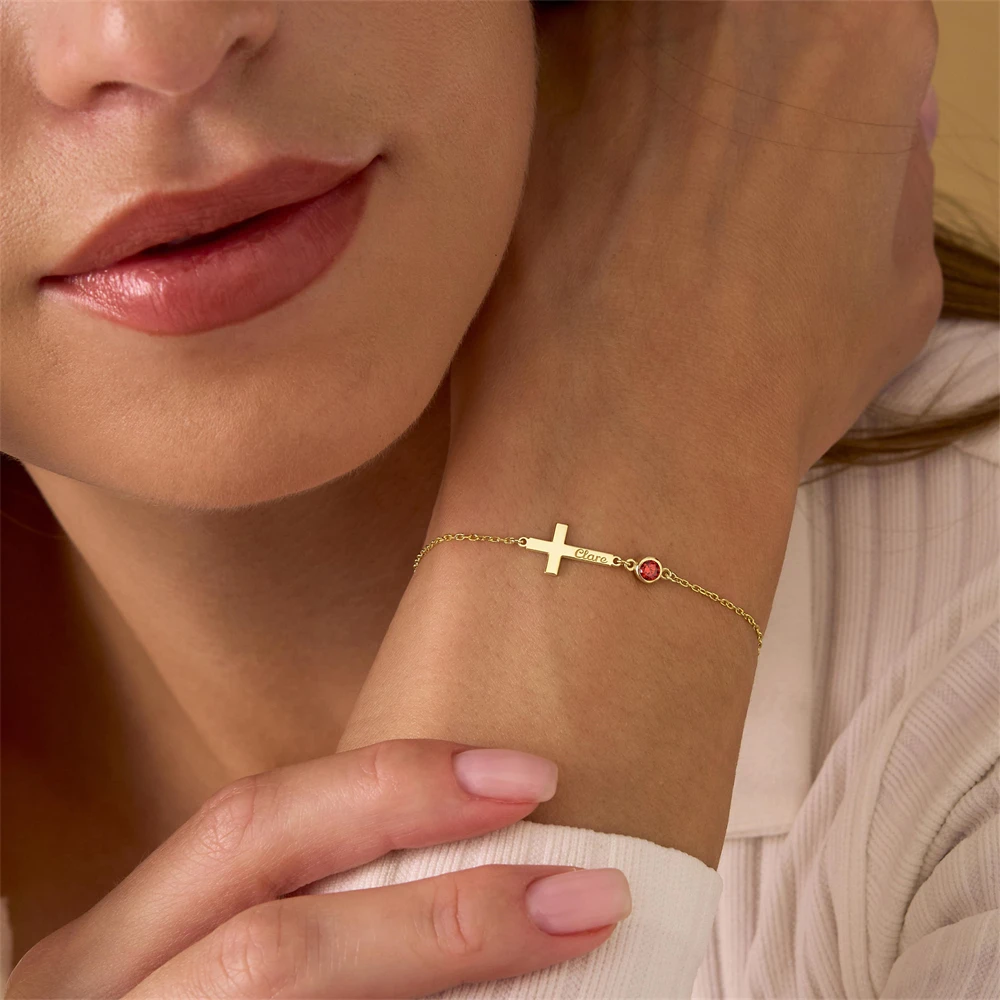 Pulsera personalizada con nombre de cruz y joyería de piedra natal, pulsera chapada con nombre personalizada de acero inoxidable para mujer, regalo cristiano
