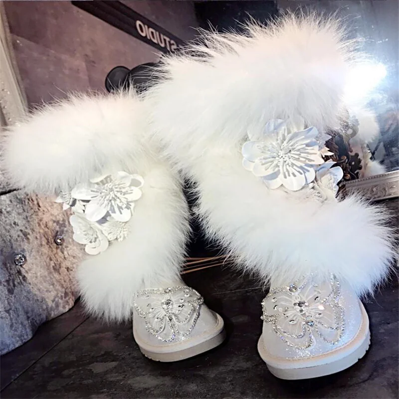 Floral Butterfly decoration Handmade custom fox hair boots plus fleece warm boots Rhine-drill fur one-piece boots women\'s 35-44