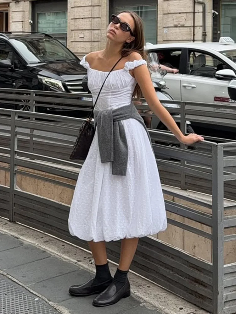 

BKLD Jacquard Off Shoulder Dress 2026 Summer New Style French Hollow Out Embroidery Slim Bud Long Dresses White Women Clothing