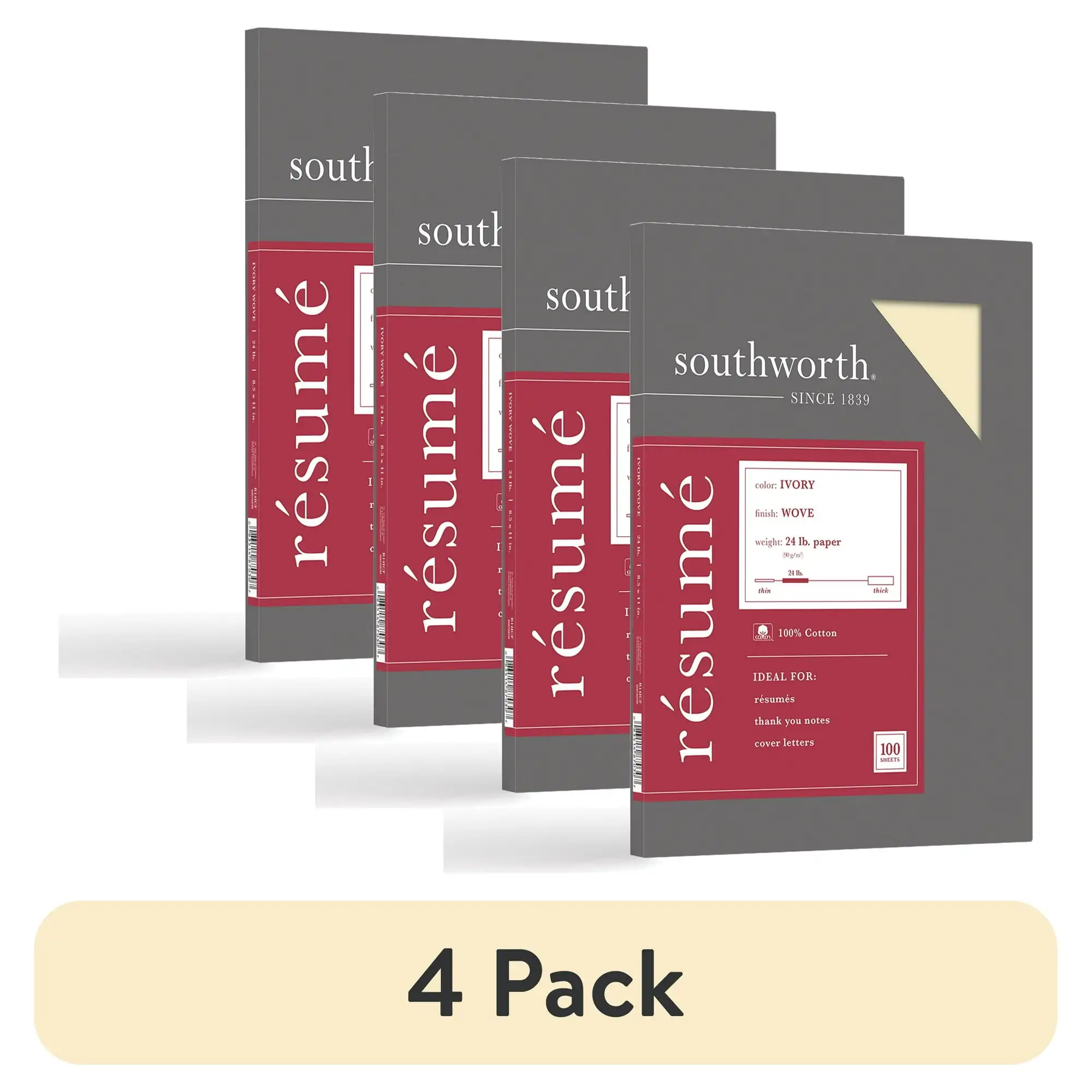 

(4 pack) Southworth Cotton Resume Paper, Ivory, 24 lb/89 Gsm, 8.5" x 11", 100 Sheets