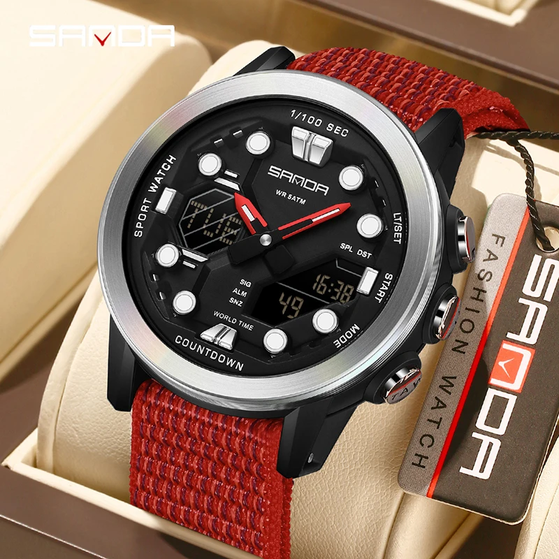 SANDA 3392 デュアルディスプレイ電子時計メンズナイロンストラップ + 29 タイムゾーン + 4 カウントダウン時計 + 曜日と日付表示学生用腕時計