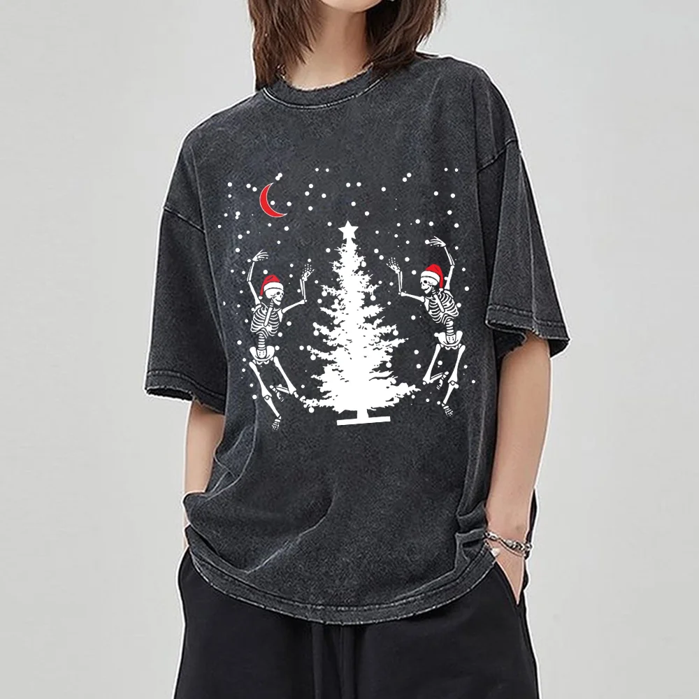 

Summer Hot Selling Women's T-Shirt Skull Dancing Around Christmas Tree Printed Washed Distressed Style Oversized Short Sleeve