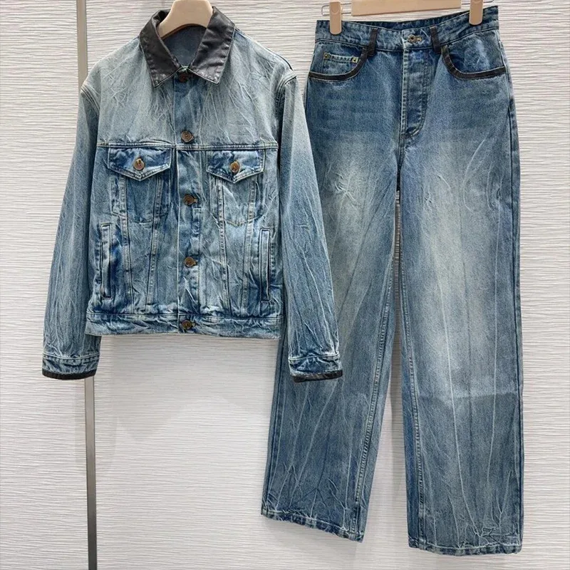 

Women sets Leather Patchwork High Waist Buttons Straight Jeans Washed Blue Retro Long Denim Pants and coat Streetwear 2572318