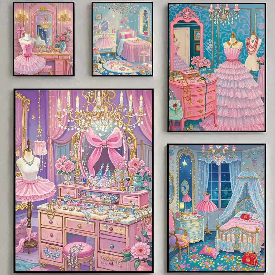 Dreamy Pink Princess Room Scene Digital Oil Painting By Numbers on Canvas Home Decor for Living Room Bedroom Handmade Gift