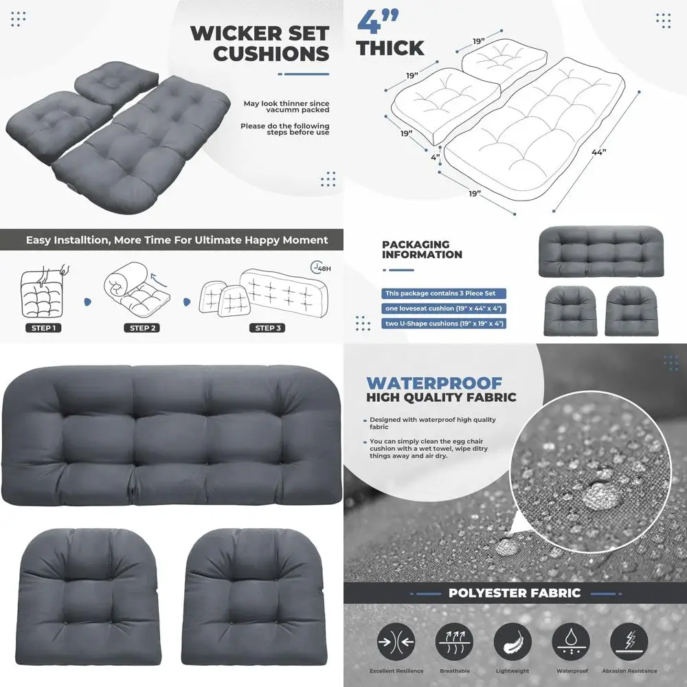 

Grey Waterproof Tufted Loveseat and U-Shaped Wicker Cushions for Outdoor Patio Furniture