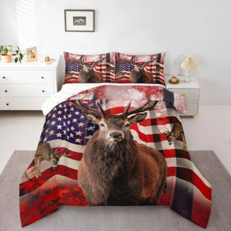 

American Flag Comforter Set, Cute Deer Down Comforter For Boys Teens, United States Bedding Set Usa Federations Stars Duvet Set