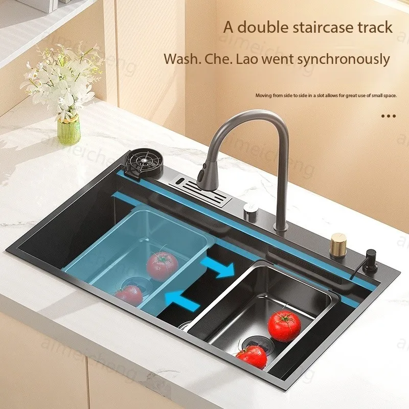 Stainless Steel Kitchen Sink Big Waterfall Sink Super Large Single-slot Household Wash Basin Multi-functional Washing Pond