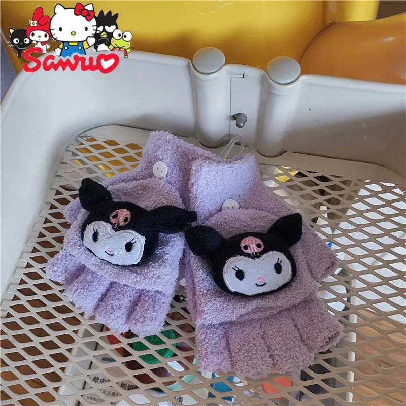 Sanrio Kuromi Hello Kitty Melody Japanese Dew Pointer Knitting Gloves Flip Cover Student Writing Office Touch Screen Female Gift