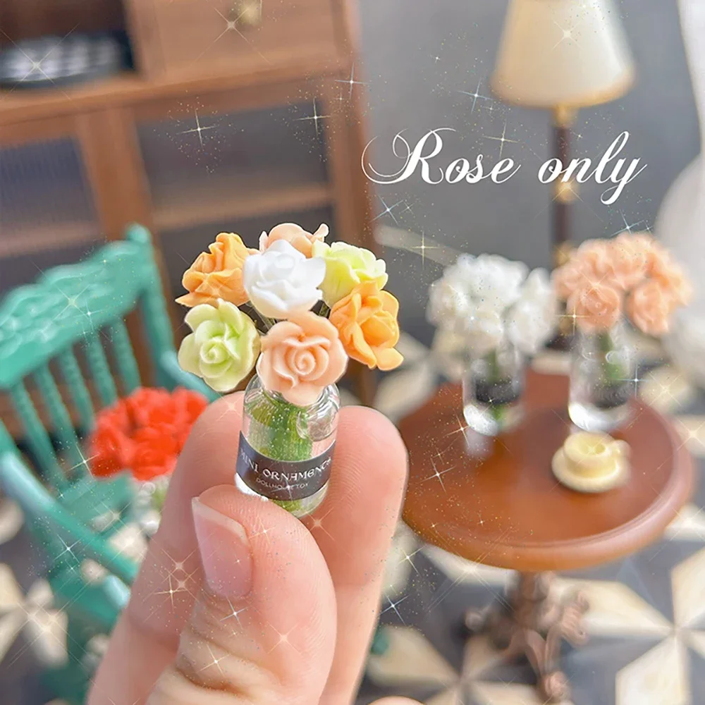1/12 Dollhouse Miniature Roses Bottle Mini Potted Roses Flower Model Toy for Doll House Accessories Decoration OB11