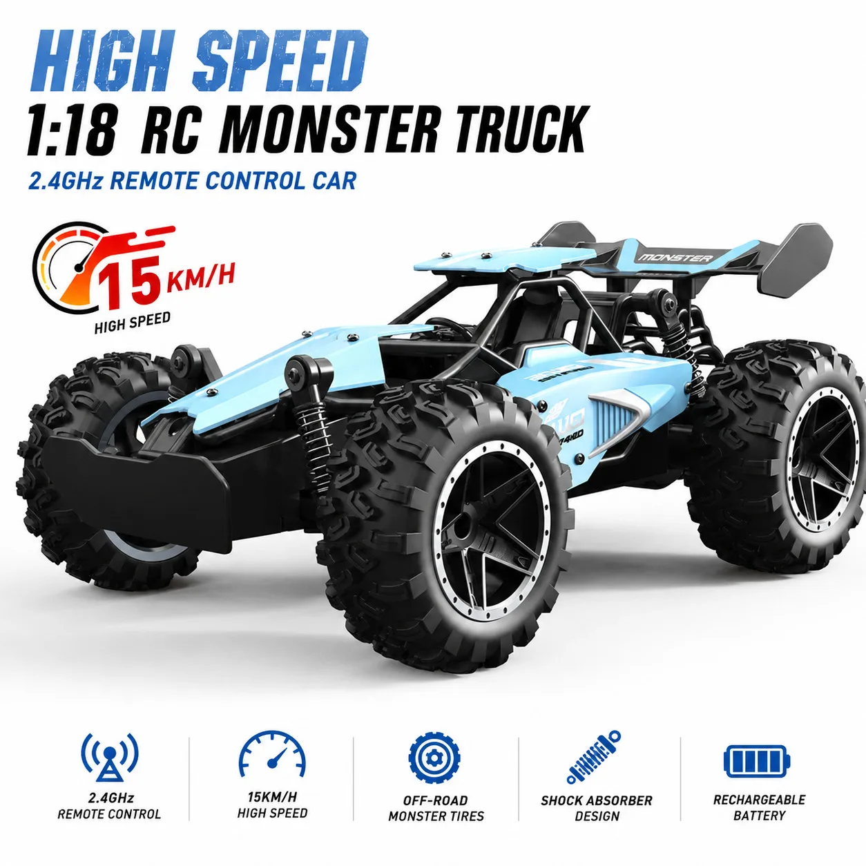 High Speed 1:18 2.4G RC Monster Truck, All Terrain Off Road Remote Control Vehicle Toy