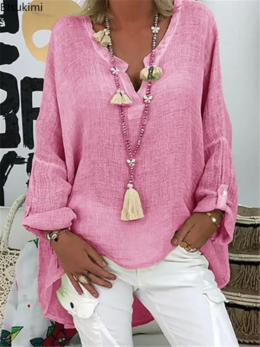 2025 Fashion Solid Long Sleeve T-shirt for Women Loose Casual V-neck Pullover Tops Females Simple Basic Versatile Tees Oversized image 2