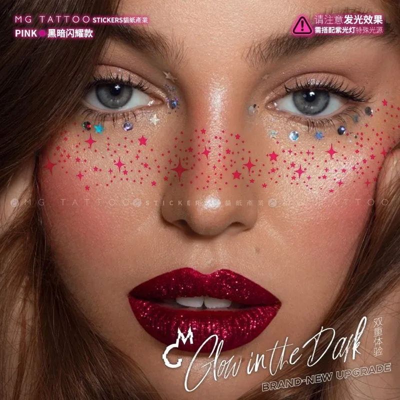 Glow in Dark Tattoo Stickers for Woman Freckles Fluorescent Night Luminous Fake Tattoo Face Art Sticker Pink Temporary Tattoos