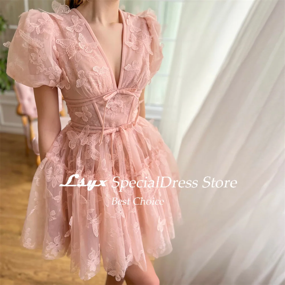 LSYX Above Knee Short Sleeves Butterflies Homecoming Dresses 2024 Tulle V Neck A Line Mini Length Princess Prom Gown