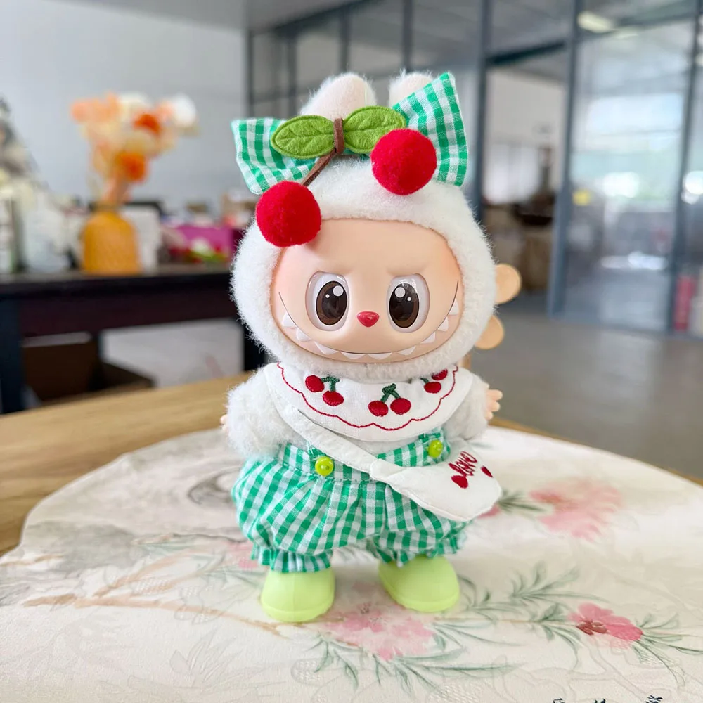 

Cute Cherry Hair Accessory Clothing Set For 17cm Labubu 3.0 High-energy Series Clothing Plaid Jumpsuit Sweet Set