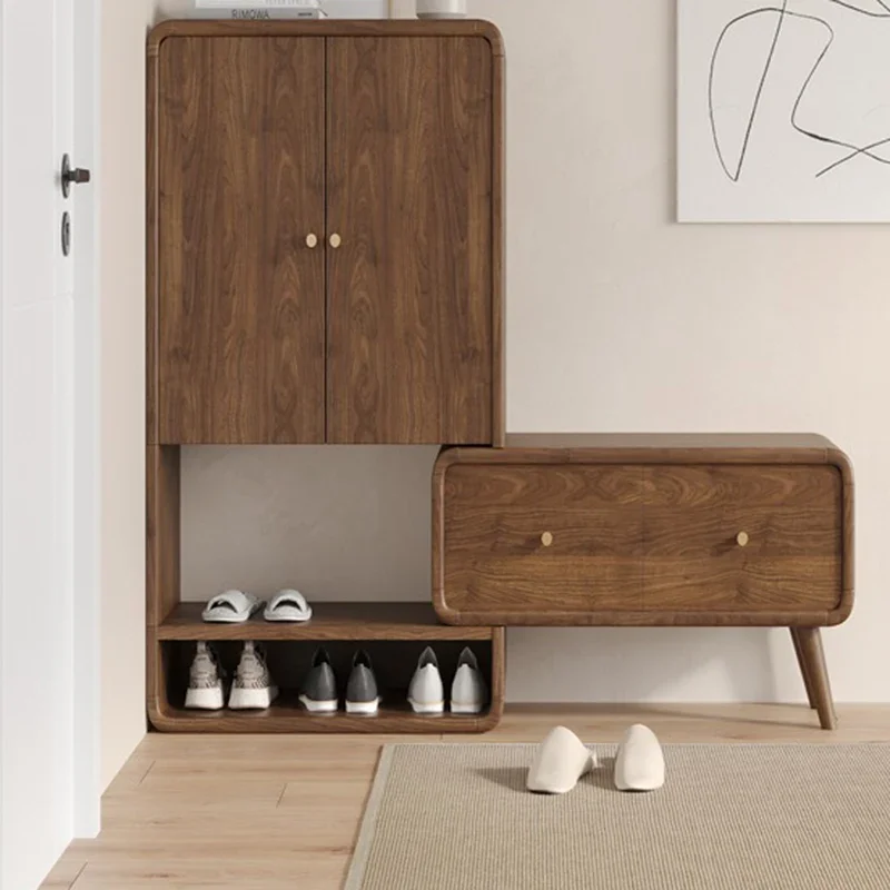 Wooden Shoe Cabinet with Seat and Drawers Hidden Slipper Storage Space Saving Entryway Hall Furniture for Home