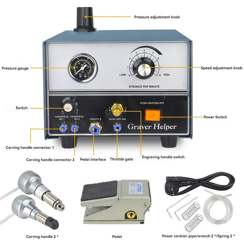 110V/220V Pneumatic Jewelry Engraving Machine, Equipped with Double-Head Micro Engraving Handpiece