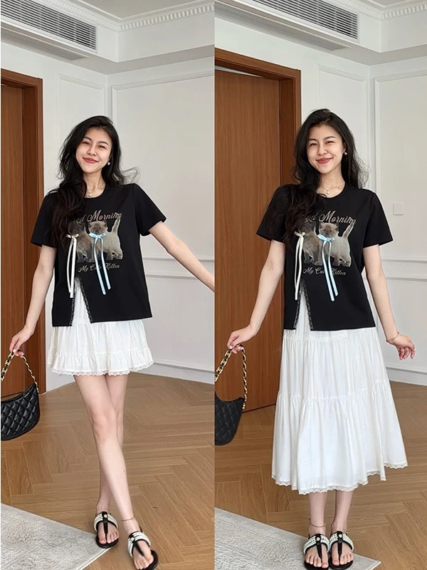

Loose T-irt High Waist Cake Skirt Set Zhang a Xing Summer Breeze Whispers oulder Width Knot Casual Faion Set